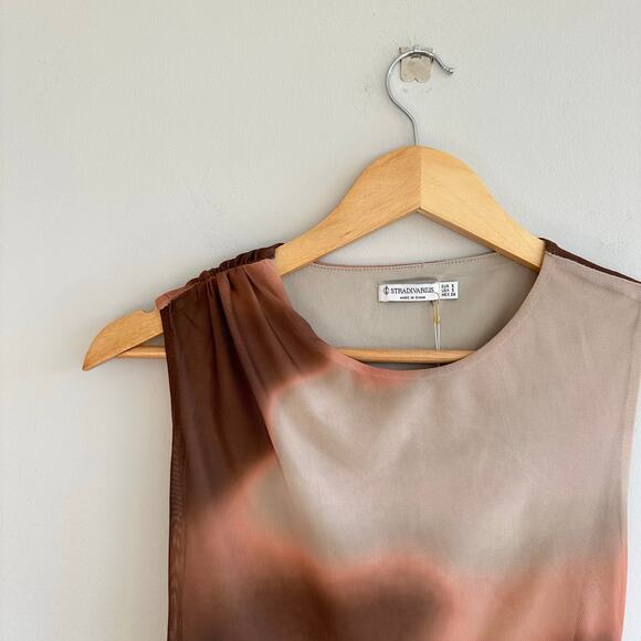 Stradivarius Mesh Marble Tie Dye Sleeveless Ruched Bodycon Maxi Dress Brown S - Picture 5 of 9